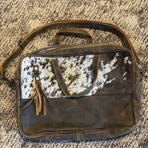Myra Bag Brown and White Laptop Bag with Cowhide Design